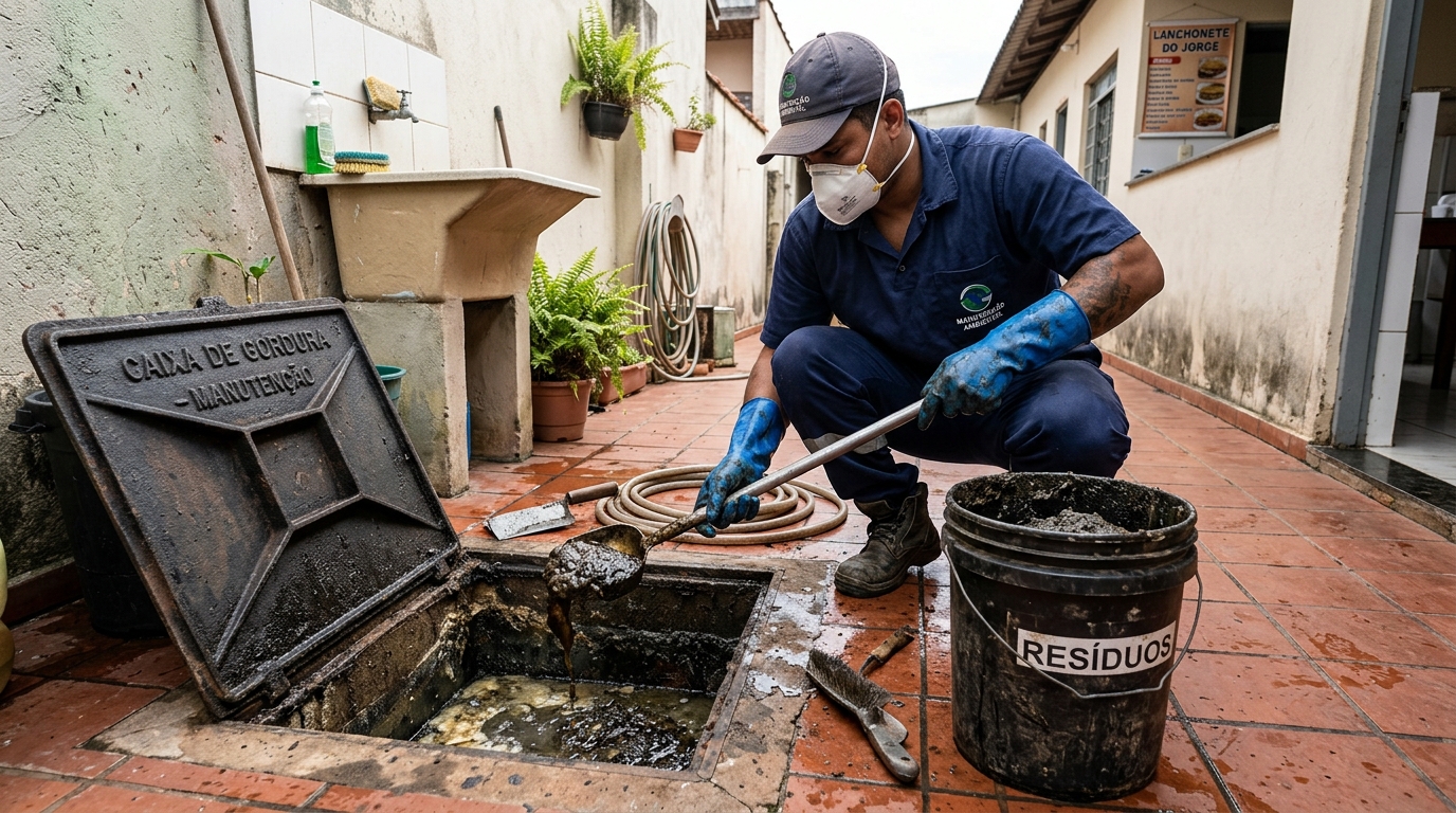 Remoção de resíduos da caixa de gordura em Praia Grande‑SP